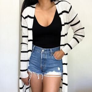 Cream Black Stripe Long Cardigan Small